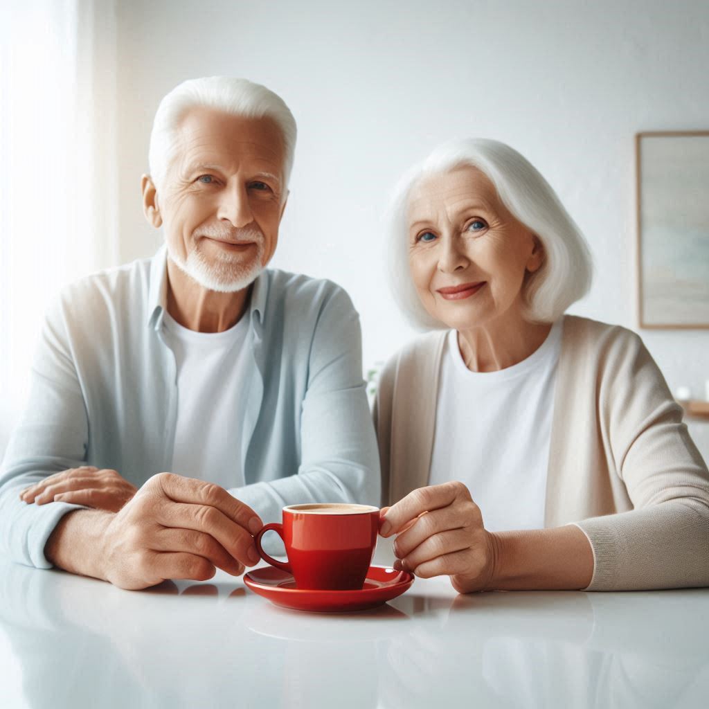 Una pareja de personas mayores sonríe mientras disfruta de una taza de café espresso rojo en un entorno minimalista, con mucha luz natural y un ambiente tranquilo y acogedor